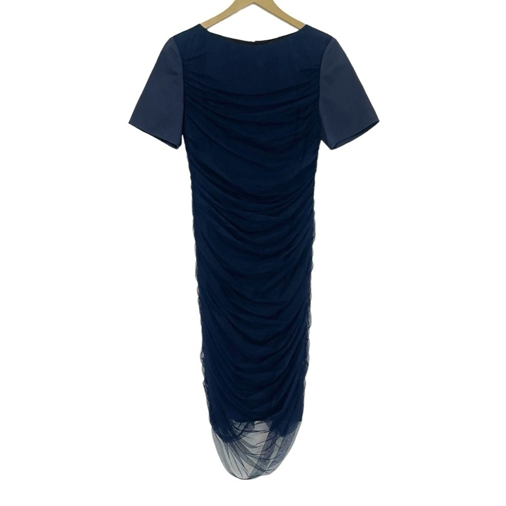 Sachin + Babi For Ankasa Navy Blue Nylon Ruched Short Sleeve‎ Midi Dress Size 10